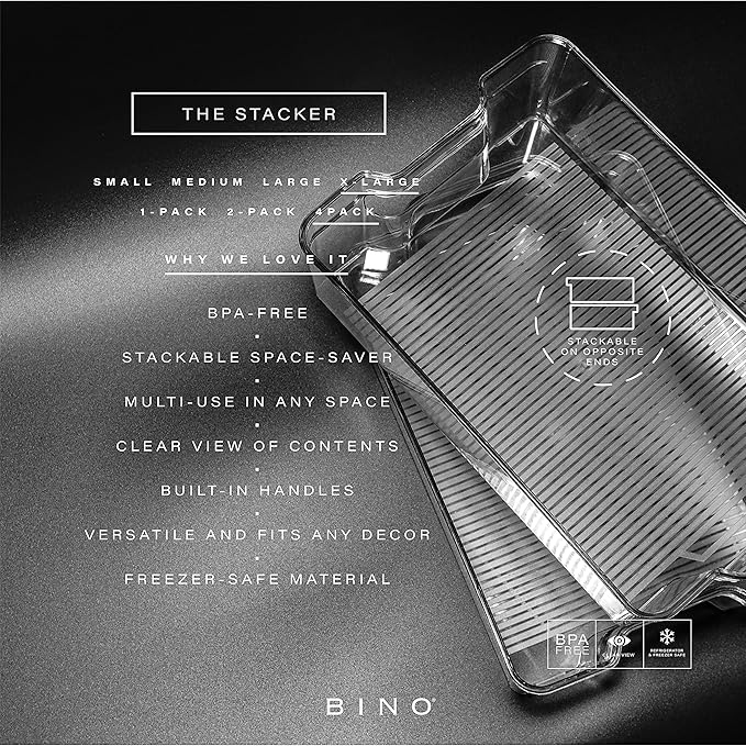BINO | Stackable Storage Bins, X-Large - 4 Pack | THE STACKER COLLECTION | Clear Plastic Storage Bins | Organization Containers for Pantry & Fridge | Multi-Use Organizer Bin | BPA-Free
