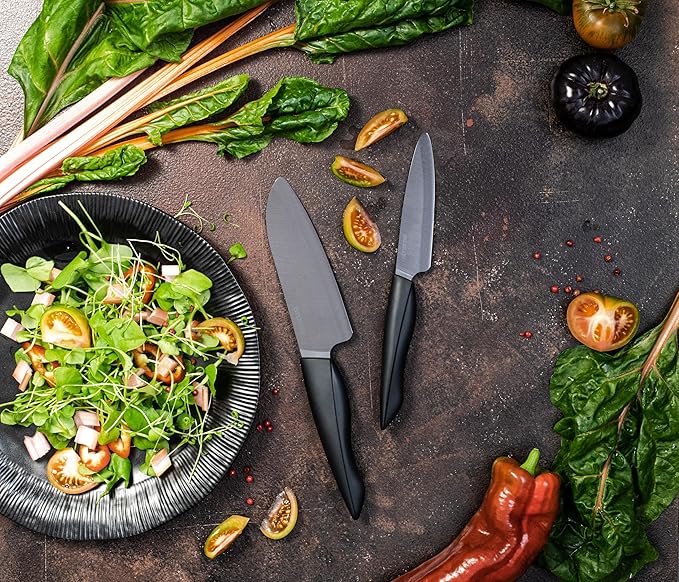 Kyocera Innovation Series Ceramic 5.5" Santoku Knife, with Soft Touch Ergonomic Handle-Black Blade, Black Handle