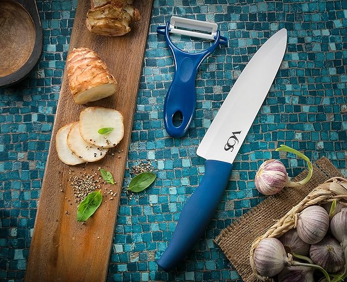 Vos Ceramic Knife Set with Peeler – 4", 5", 6", 7", 8" Blue Ceramic Kitchen Knives