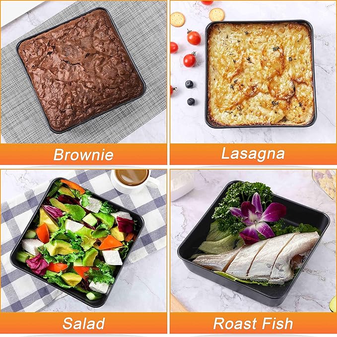 Herogo 8 x 8 Baking Pan Set of 2, Non-Stick Square Cake Pan for Oven, Stainless Steel Black Lasagna Brownies Casseroles Cakes Bakeware, Oven safe