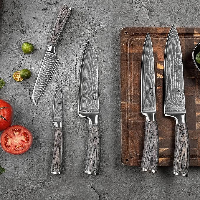 Wakoli EDIS Damascus 5-Piece Knife Set – Japanese Style Kitchen Knives | Genuine Damascus Steel Blades with VG10 Core | Ergonomic Micarta Handles | Professional Chef Knife Set in Gift Box